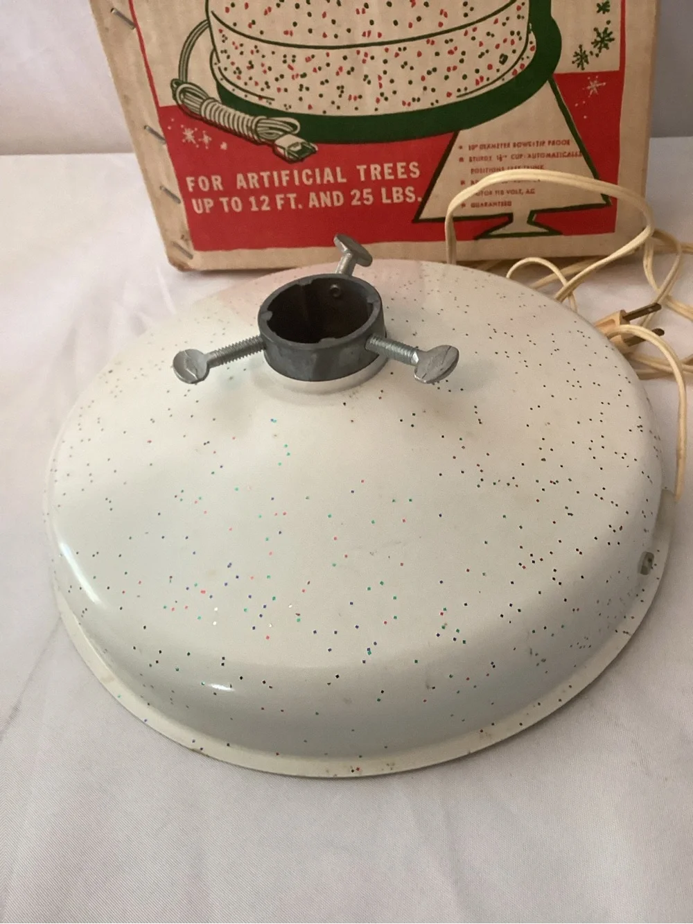 Vintage Working White Speckled Christmas Tree Turner in Box Holiday Core, Retro